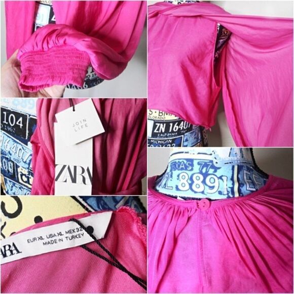 ZARA Bloggers Favorite Balloon Sleeve Crop Top Drapey Crossover Hot Pink Sz XL - Picture 14 of 16